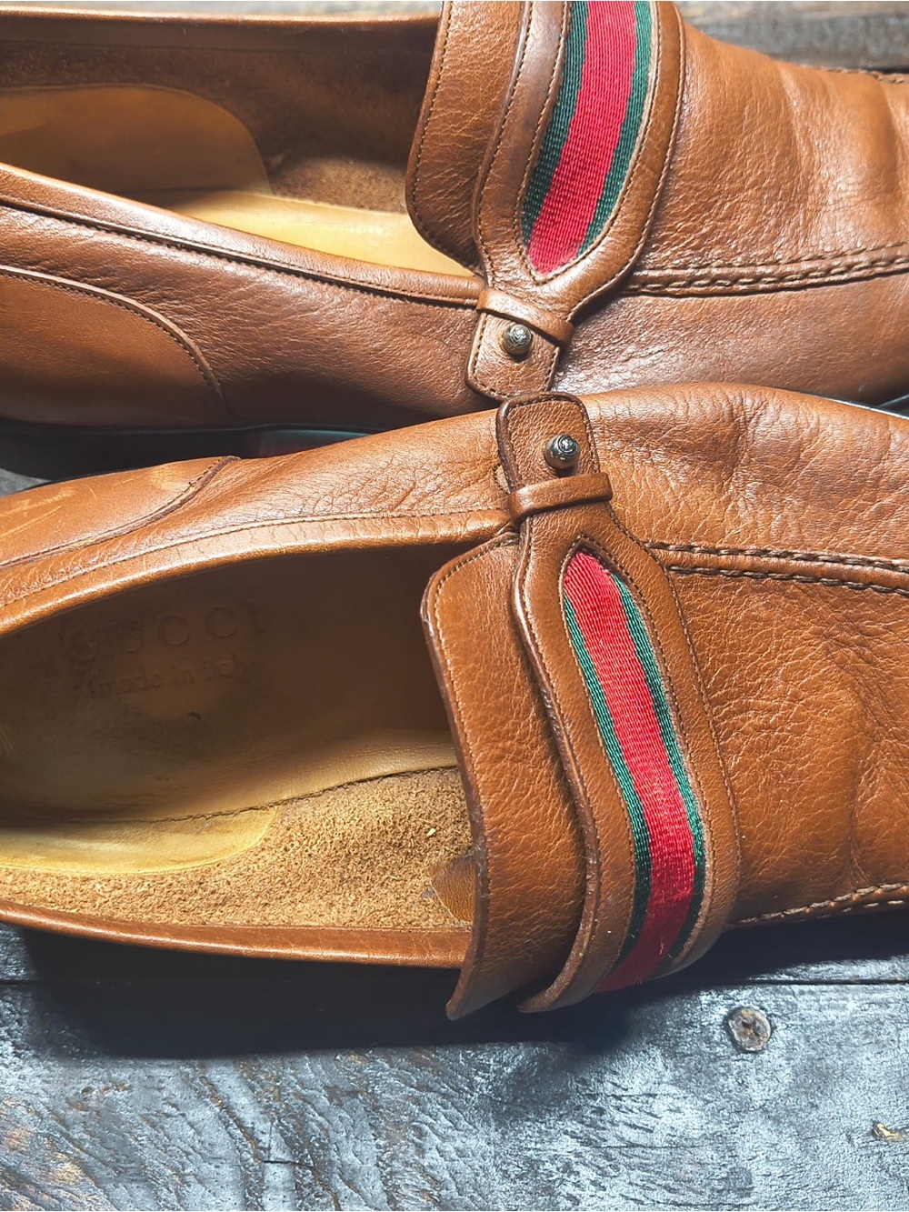 Gucci Tan Leather Slip-On Loafers with Red-Green Web Detail